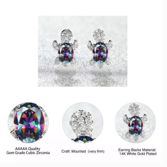 “Just Keep Swimming” Blue Turtle Diamond Earrings - Picture 3 of 8